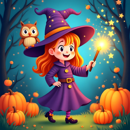 Vector illustration of Cute cartoon girl in witch costume holding magic wandの素材