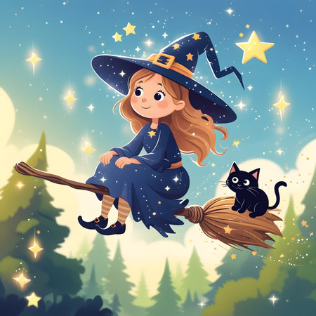 Cute little witch flying on a broomstick and black cat. Vector illustration.の素材