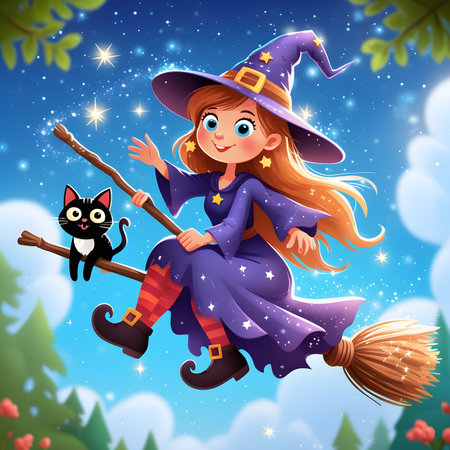 Cute little witch flying on a broomstick and a black cat. Vector illustration.の素材
