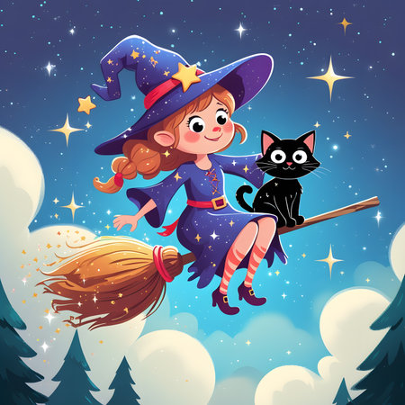 Cute witch flying with her cat on a broomstick in the night sky illustrationの素材