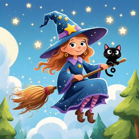 Cute witch flying on broomstick and black cat in the sky illustrationの素材