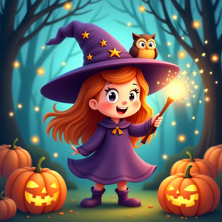 Vector illustration of Cute little girl in witch costume with pumpkin and owlの素材