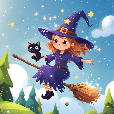 Cute witch flying on a broomstick with a black cat. Vector illustration.の素材