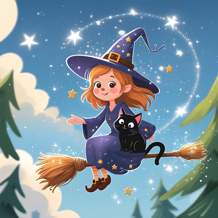 Cute girl in witch costume flying on a broomstick. Vector illustration.の素材