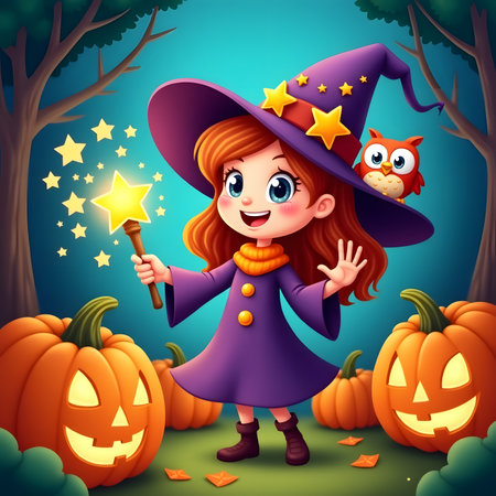 Vector illustration of Cute cartoon girl in halloween costume with pumpkin and owlの素材