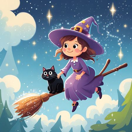 Cute witch flying on a broomstick with a black cat.の素材