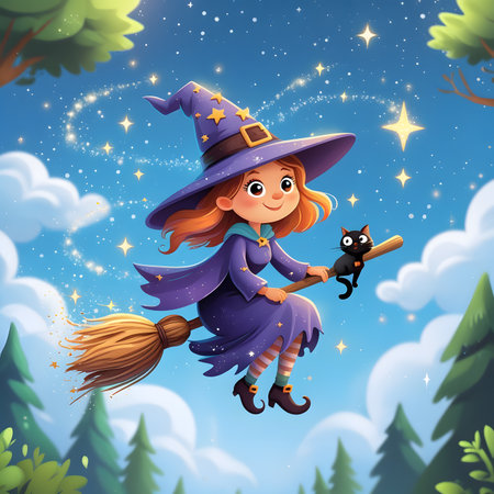 Cute witch flying on her broomstick in the night sky illustrationの素材