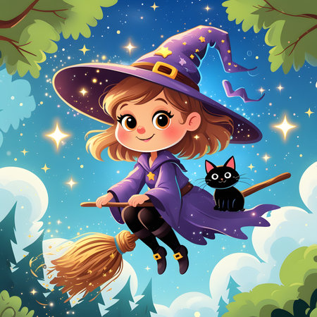 Cute little witch flying on a broomstick in the forest illustrationの素材