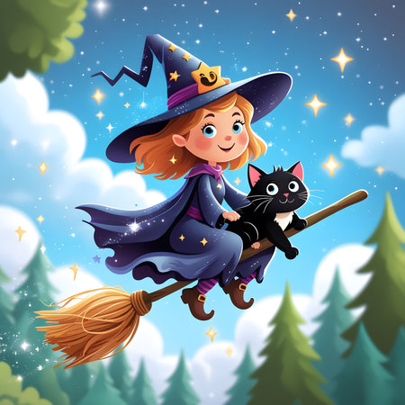 Cute witch flying on a broomstick with a black cat.の素材