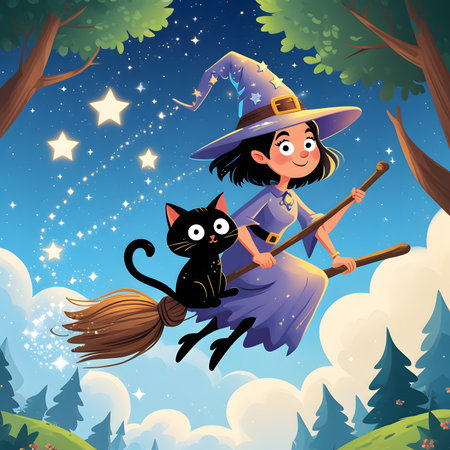 Vector illustration of Cute cartoon witch with magic wand and owl in the forestの素材