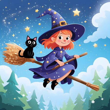 Cute witch flying on broom and black cat in the forest illustrationの素材
