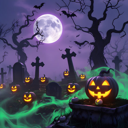 Halloween background with pumpkins, cemetery and full moon, 3d renderの素材