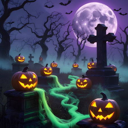Halloween background with pumpkins and cemetery, 3d render illustrationの素材
