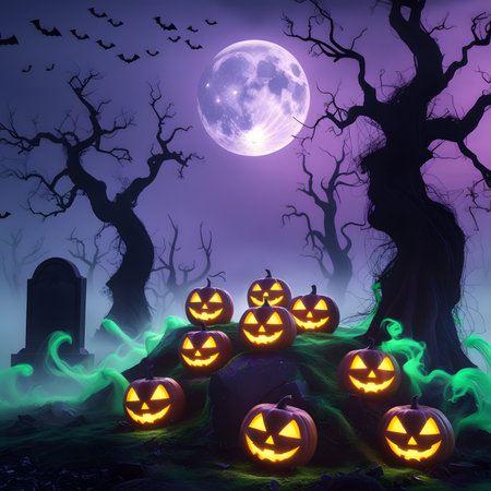 Halloween background with pumpkins and cemetery, 3d render illustrationの素材