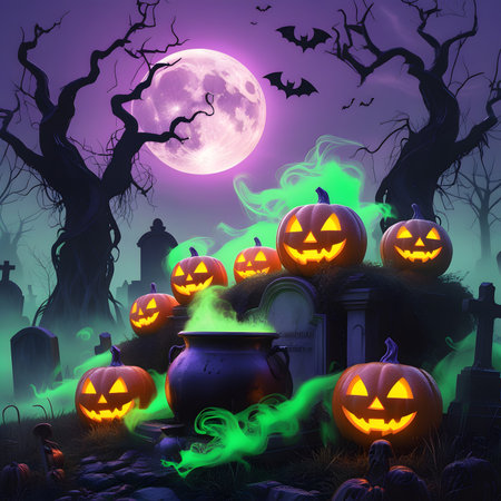 Halloween background with pumpkins, cauldron, cemetery and full moonの素材