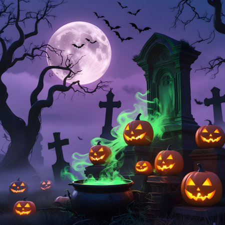 Halloween background with pumpkins, cemetery, cauldron and batsの素材