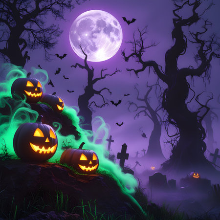 Halloween background with pumpkins and full moon, 3d renderの素材