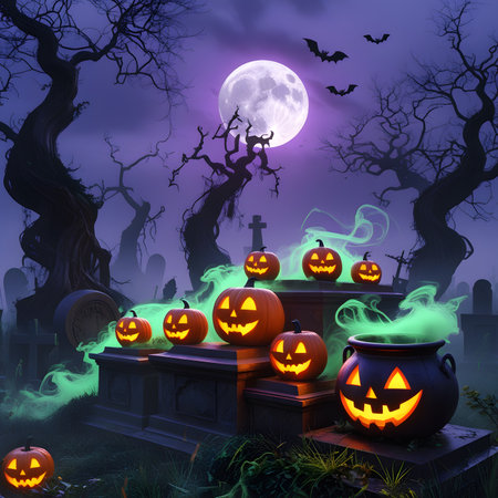 Halloween background with pumpkins, bats, graveyard and full moonの素材