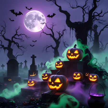 Halloween background with pumpkins and cemetery, 3d render illustrationの素材
