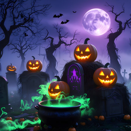 Halloween background with pumpkins, cauldron, graveyard and batsの素材