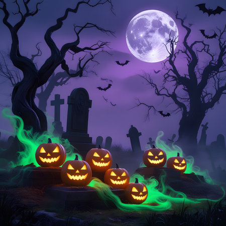 Halloween background with pumpkins, graveyard and full moon, illustrationの素材