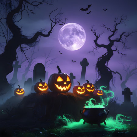 Halloween background with pumpkins, cauldron, cemetery and full moonの素材