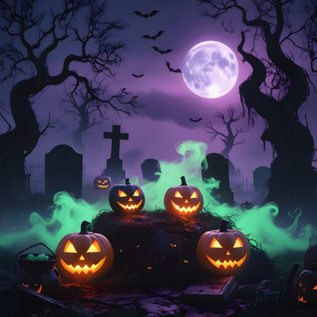 Halloween background with pumpkins, bats, graveyard and full moonの素材