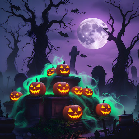 Halloween background with pumpkins and cemetery. 3D illustration.の素材