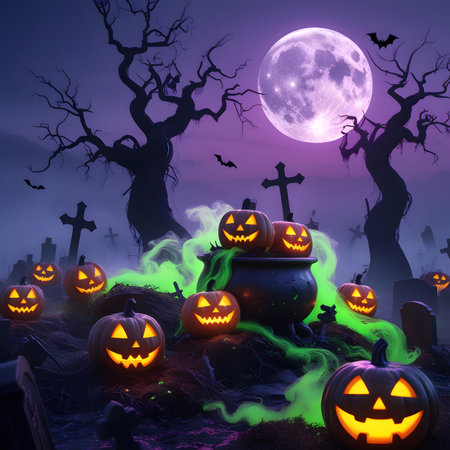 Halloween background with pumpkins and full moon, 3d renderの素材