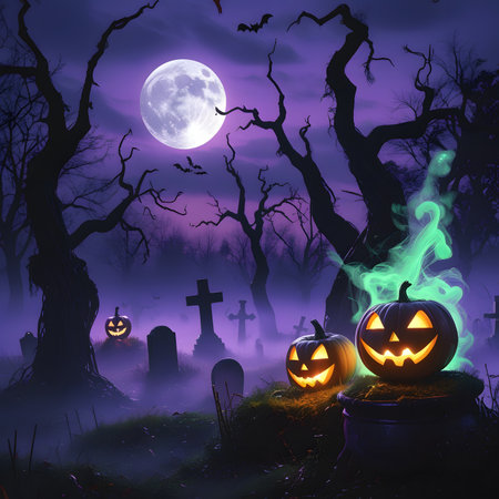 Halloween background with pumpkins and cemetery at night, vector illustrationの素材
