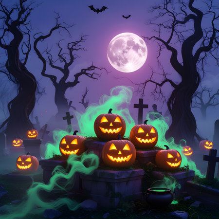Halloween background with pumpkins on cemetery and full moon, vector illustrationの素材