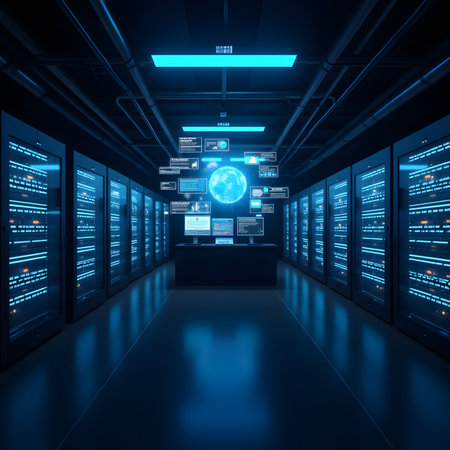 Server room data center with blue servers. 3d rendering toned imageの素材