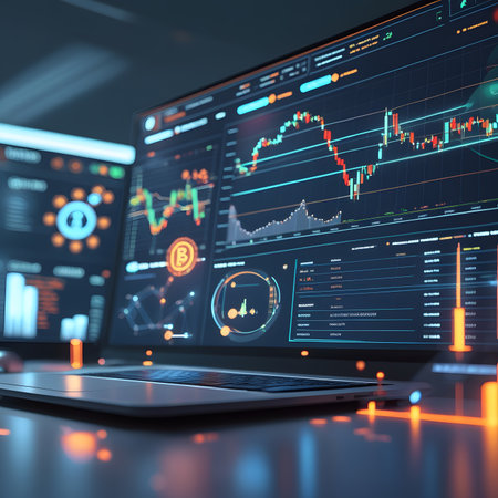 Laptop with glowing forex chart interface. 3D Renderingの素材