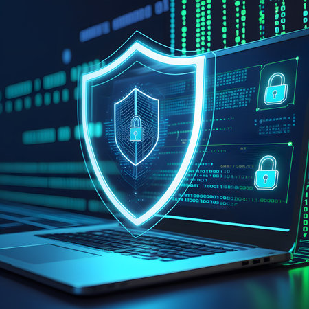 Cyber security concept: laptop with shield and padlock on screenの素材