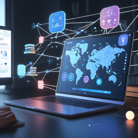 Laptop screen with web icons and graphs. 3d rendering.の素材