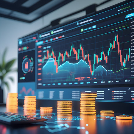 Stock market or forex trading graph and candlestick chart suitable for financial investment concept. Economy trends background for business idea and all art work design. Abstract finance background.の素材