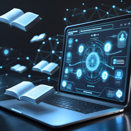 Laptop with digital interface and books on dark background 3D renderingの素材