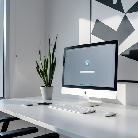 3d rendering, modern workspace with computer, keyboard, mouse and plantの素材