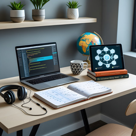 3d rendering of workspace with notebook, laptop and headphones on tableの素材