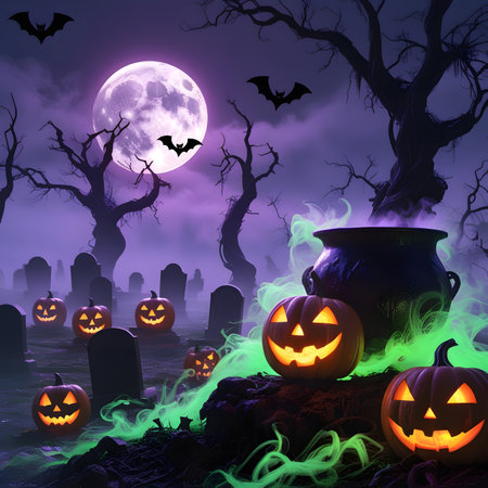 Halloween background with pumpkins, cauldron, bats and cemeteryの素材