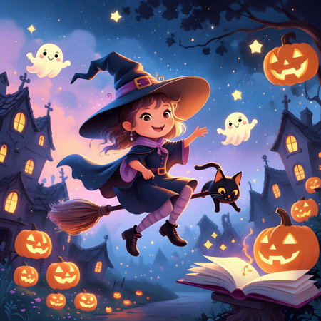 Cute little girl in witch costume flying on broomstick over magical halloween background. Vector illustrationの素材