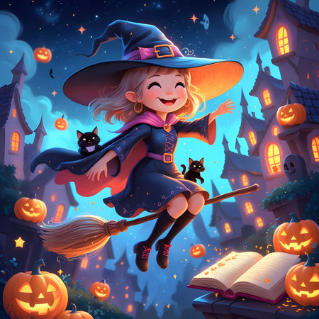 Halloween witch flying on broom and reading book - illustration for childrenの素材