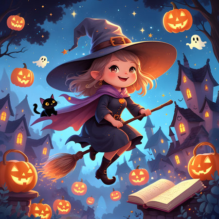 Cute little girl in witch costume flying on broomstick over haunted Halloween backgroundの素材