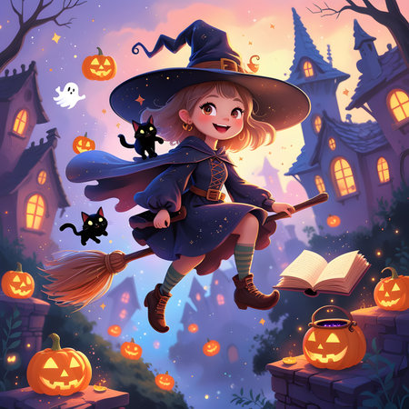 Cute cartoon witch flying on broomstick in haunted castle. Halloween vector illustrationの素材