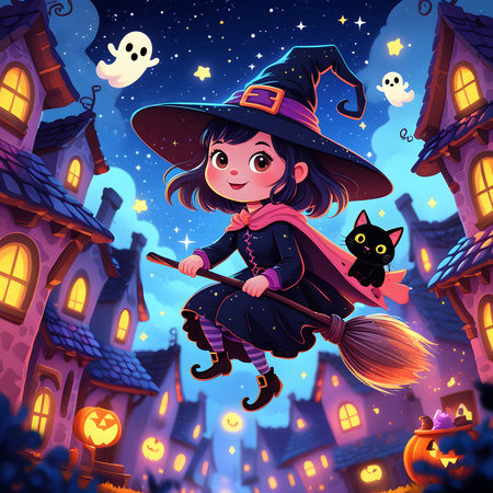 Cute little witch flying on a broomstick. Halloween background.の素材