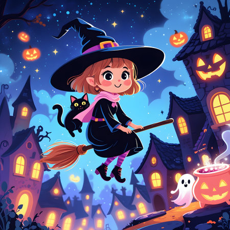 Cute girl in witch costume flying on broomstick over haunted house. Halloween illustration.の素材