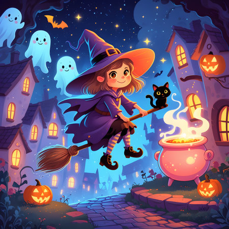 Little witch flying on broomstick in the village. Halloween illustration.の素材