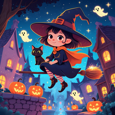 Cute girl in witch costume flying on broomstick on the background of the castle. Halloween illustration.の素材