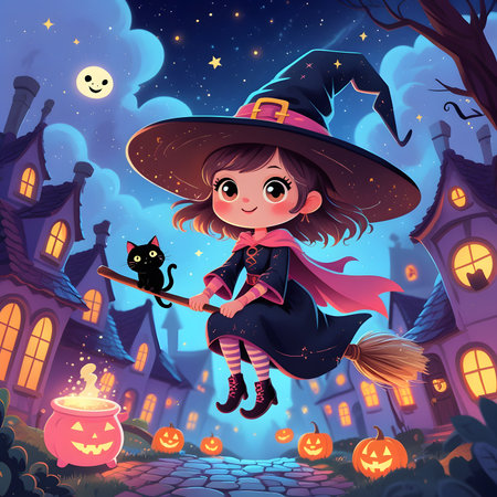 Cute little girl in witch costume flying on broomstick on Halloween night backgroundの素材