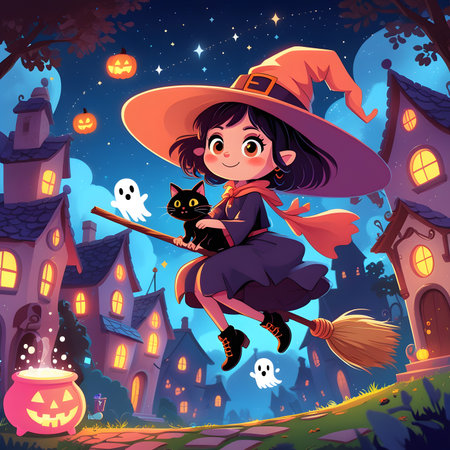 Cute little witch flying on a broomstick on the background of the night city. Vector illustration.の素材